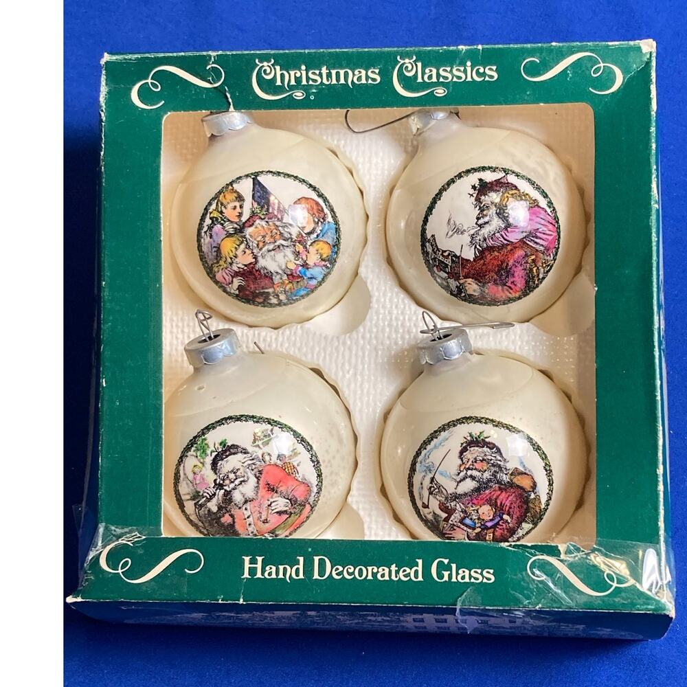 Vintage Corning Ornaments (4) Christmas Classics Hand Decorated Glass with Box